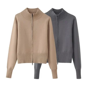 Willshela Women Fashion Solid Front Zipper Knitted Sweater Vintage Stand Collar Long Sleeves Female Chic Lady Outfits