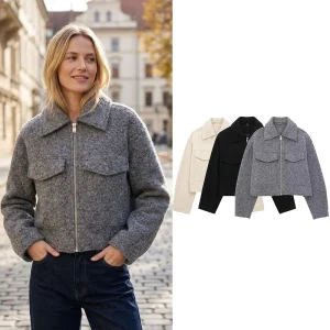 Willshela Women Fashion With Pockets Grey Front Zipper Jackets Vintage Lapel Neck Long Sleeves Female Chic Lady Outfits