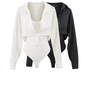Women Long Sleeve White Shirt Spliced Ribe Knitted Bodysuits Spring Autumn Tops Jumpsutis Black