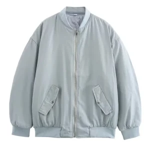 Willshela Women Fashion Solid Front Zipper Bomber Jackets Vintage O-Neck Long Sleeves Female Chic Lady Outfits