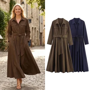 Willshela Women Fashion With Belt Solid Single Breasted Midi Dress Vintage Lapel Neck Long Sleeves Female Chic Lady Dresses
