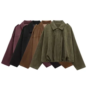 Willshela Women Fashion Solid Front Zipper Bomber Jackets Vintage Lapel Neck Long Sleeves Female Chic Lady Outfits