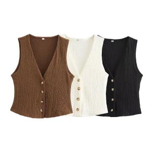 Willshela Women Fashion Texture Solid Single Breasted Vest Tank Tops Vintage V-Neck Sleeveless Female Chic Lady Tops