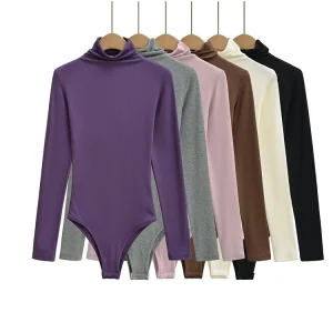 Women Turtleneck Knitted Stretchy Slim Lyocell Bodysuits 6 Colors Long Sleeve Tops Jumpsuits