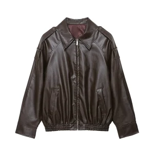 Willshela Women Fashion PU Coffee Front Zipper Vintage Lapel Neck Long Sleeves Female Chic Lady Outfits