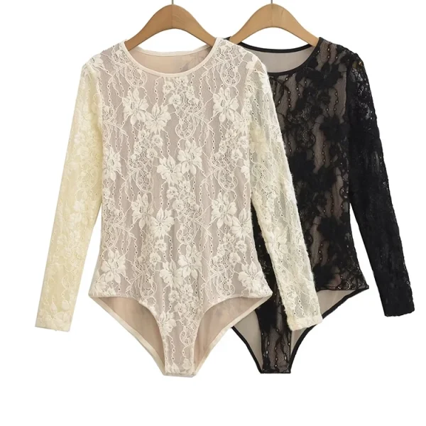 Women’s Double-Layer Embossed Crochet Lace Long Sleeve Bodysuit