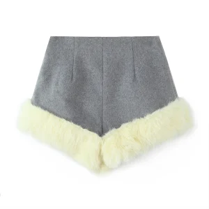 Willshela Women Fashion Faux Fur Grey Side Zipper Mini Shorts Vintage High Elastic Waist Female Chic Lady Shorts
