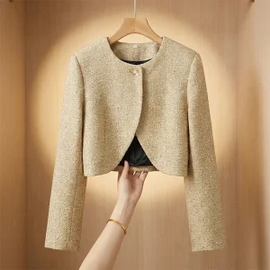 Willshela Women Fashion With Sequined Golden Single Button Cropped Jackets Vintage Long Sleeves O-Neck Female Chic Lady Outfits