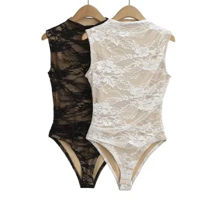 Sexy Lace Sleeveless O-neck Bodysuits Women Elastic Slim Summer Top Jumpsuits