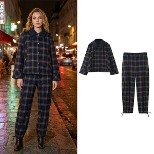 Willshela Women Fashion 2 Piece Set Denim Plaid Single Breasted Jacket & Vintage High Waist Trousers Feamle Chic Lady Pants Sets