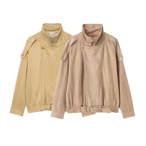 Willshela Women Fashion Solid Front Zipper Jackets Vintage High Neck Long Sleeves Female Chic Lady Coats Outfits