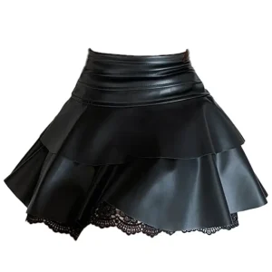 Women's Black Gothic Lace PU Leather Mini Skirt Y2K Harajuku High Street A-Line Short Skirt Sexy Retro 90S Fashion Clothing New