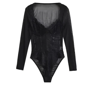Women's Black Lace Bodysuit Sexy Sheer Mesh Stretchy Slim Long Sleeve Tops Jumpsuits