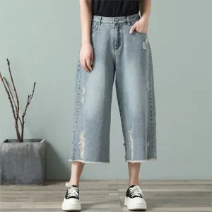 Ripped Calf-Length Jeans for Women Wide Legs Loose Thin Spring Summer Retro Cropped Pants Denim High Waist Baggy Woman New Korea