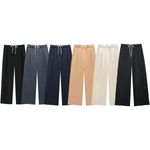 Willshela Women Fashion Solid Lace Up Side Zipper Straight Pants Vintage High Elastic Waist Female Chic Lady Trousers