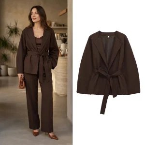 Willshela Women Fashion With Belt Coffee Blazer Jacket Vintage V-Neck Long Sleeves Female Chic Lady Outfits