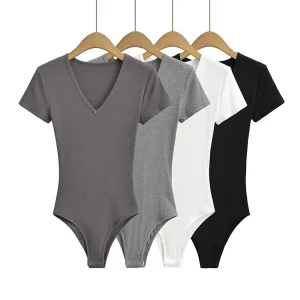 Summer Short Sleeve V-neck Rib Knitted Bodysuits Women Elastic Slim Black White Top Jumpsuits