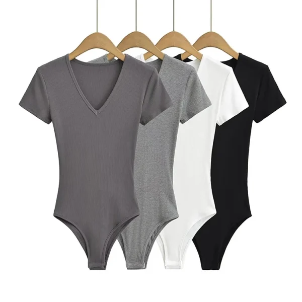 Women’s Short Sleeve V-Neck Rib Knit Bodysuit