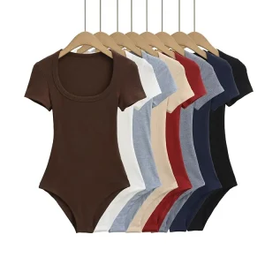 Women Short Sleeve Square Collar Bodysuits Summer Rib Knitted Elastic Slim Top Jumpsuits Solid Color