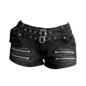 Women's Black Gothic Zipper Cargo Denim Shorts Y2K Harajuku High Street Aesthetic Sexy 2000S Style Vintage Denim Shorts Clothing