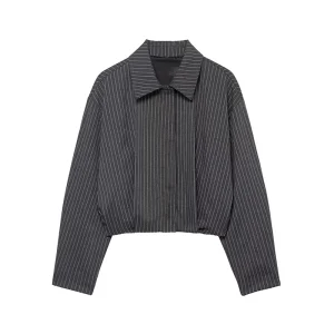 Willshela Women Fashion Striped Front Zipper Bomber Jackets Vintage Lapel Neck Long Sleeve Female Chic Lady Outfits