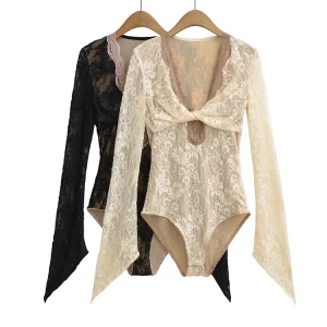 Women Double-Layer Embossed Crochet Lace Floral Bodysuits Knot V-neck Flare Sleeve Tops Jumpsuits Stretchy Slim
