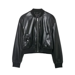 Willshela Women Fashion With Pockets PU Black Front Zipper Bomber Jackets Vintage O-Neck Long Sleeves Female Chic Lady Outfits
