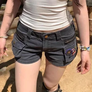 Women's Grey Cargo Jeans Shorts Pocket Y2K Japanese Harajuku High Street 2000S Style Aesthetic Sexy Retro Denim Shorts Clothing